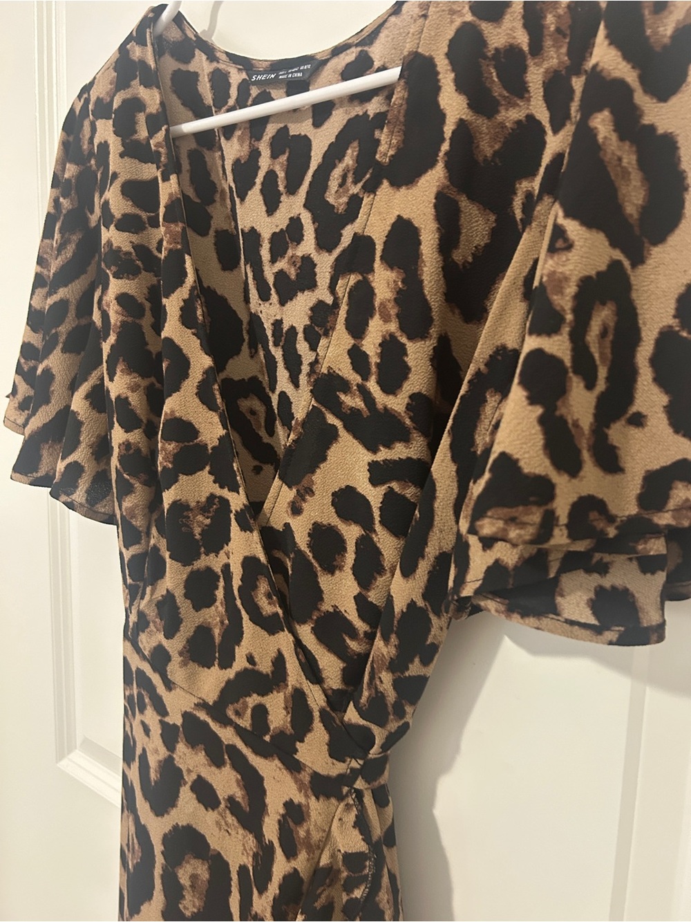 SHEIN Leopard Print Wrap Mini Dress in Tan and Black
